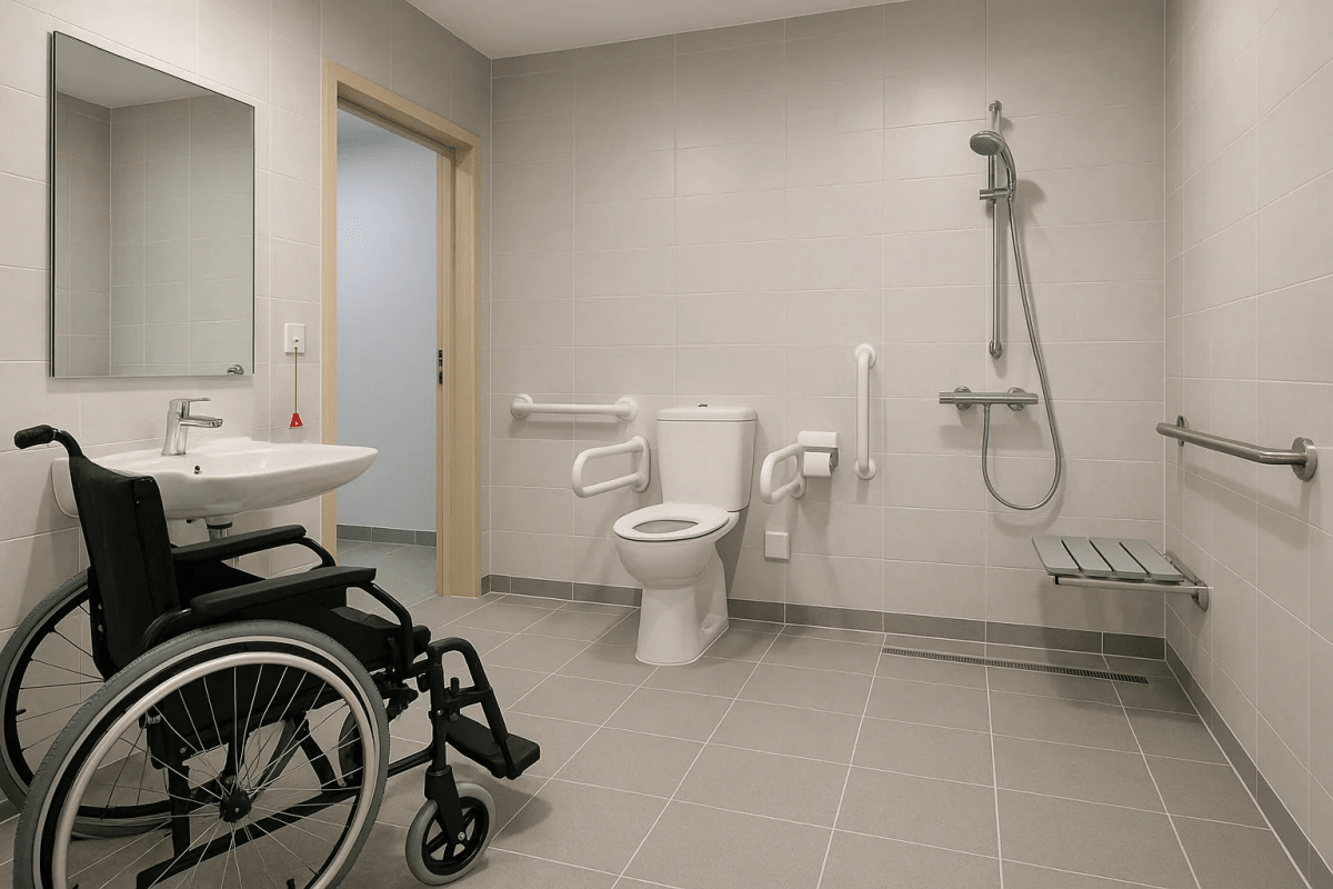 Accessible bathroom with wheelchair, toilet safety rails, grab bars, handheld shower and foldable shower bench.