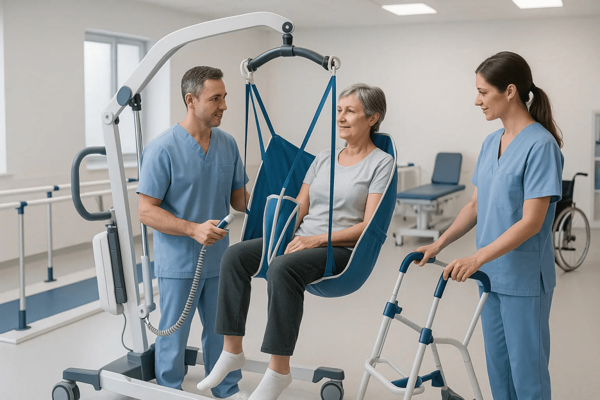 Therapy, rehab and hoisting aids: patient seated in sling lifted by ceiling lift with caregivers in clinical setting.