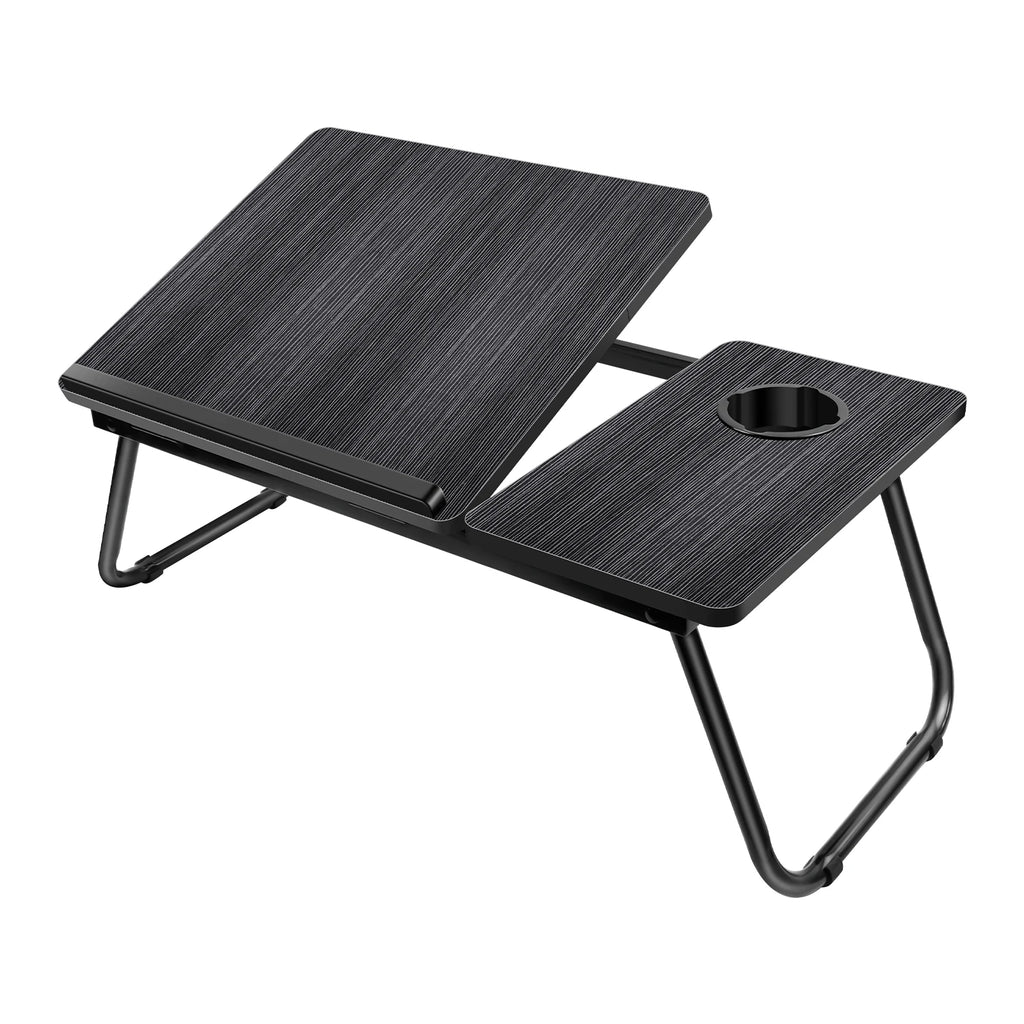 Foldable Wood Grain Laptop Desk With Adjustable Height And Cup Holder Black - Mobility Buy