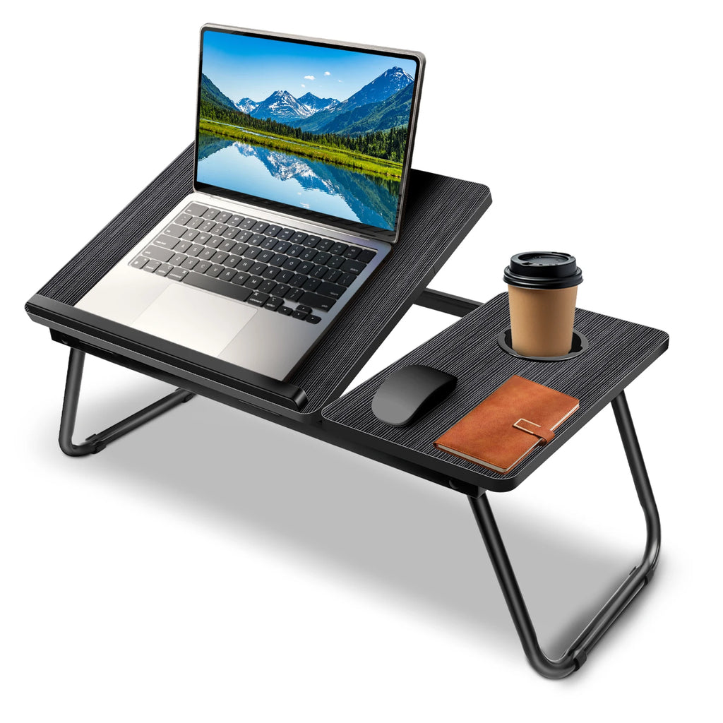 Foldable Wood Grain Laptop Desk With Adjustable Height And Cup Holder Black - Mobility Buy