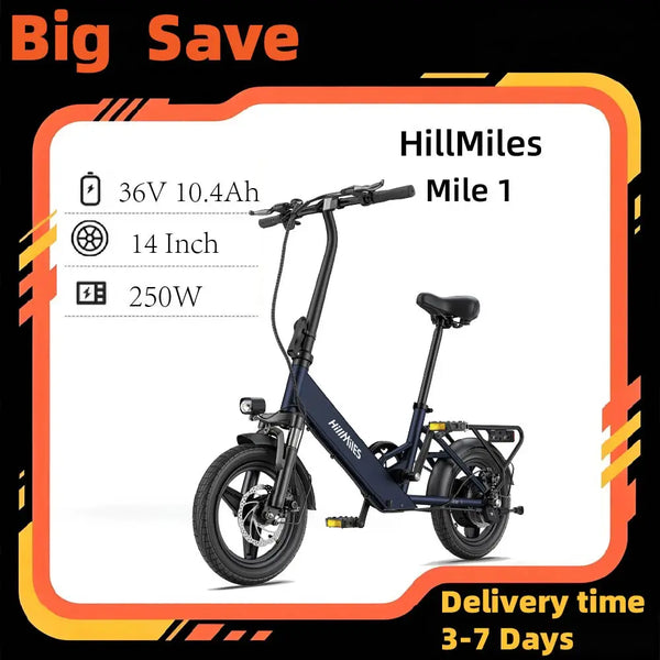 HillMiles Mile 1 Adult E Bike 250W 36V 10.4Ah 14in Fat Tire Foldable - Mobility Buy
