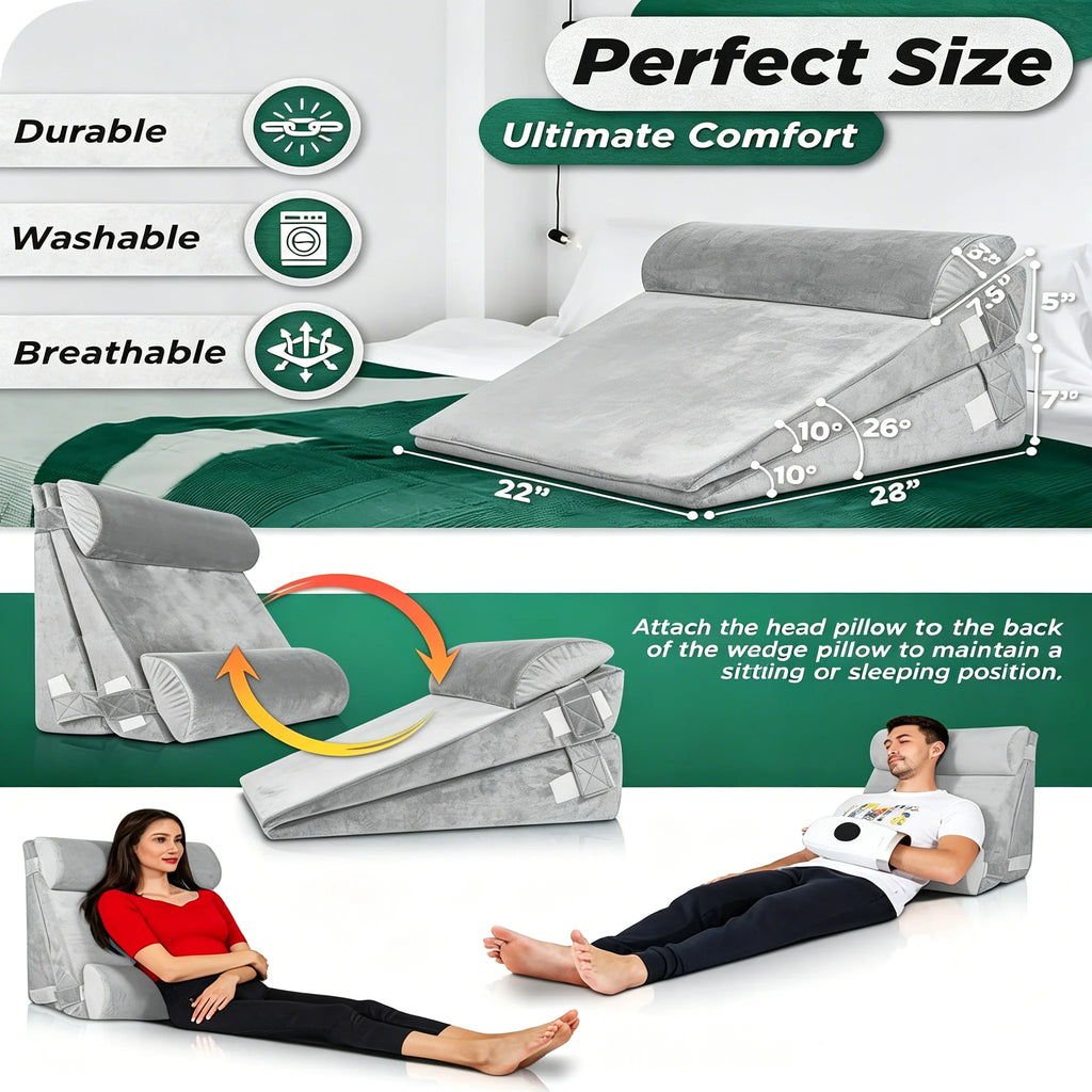 Premium 4 Piece Adjustable Wedge Pillows For Bed Ergonomic Sleep Relief - Mobility Buy