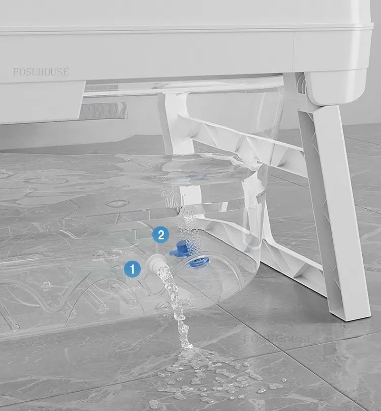 Portable folding bathtub for adults, white plastic tub with blue valves and folding legs, Fosuhouse.