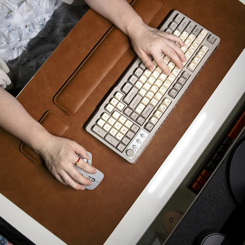 Desk mat brown PU leather; large waterproof non-slip mouse pad for keyboard and laptop setup